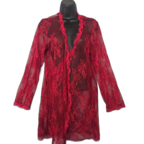 Victoria's Secret Sheer Mesh Lace Floral Red Robe Layer M/L Red No Belt - Picture 1 of 4